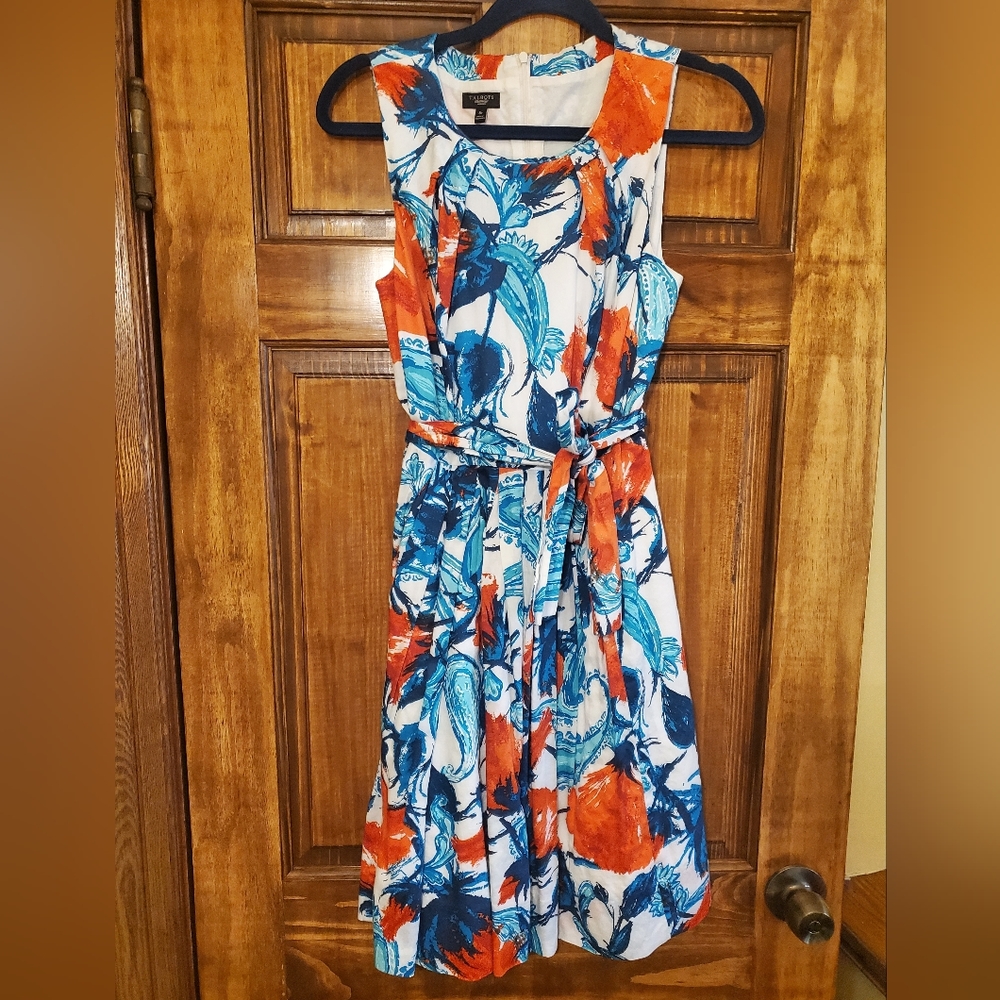 Talbots Colorful Floral Sun Dress 100% Cotton with Belt Size 8P